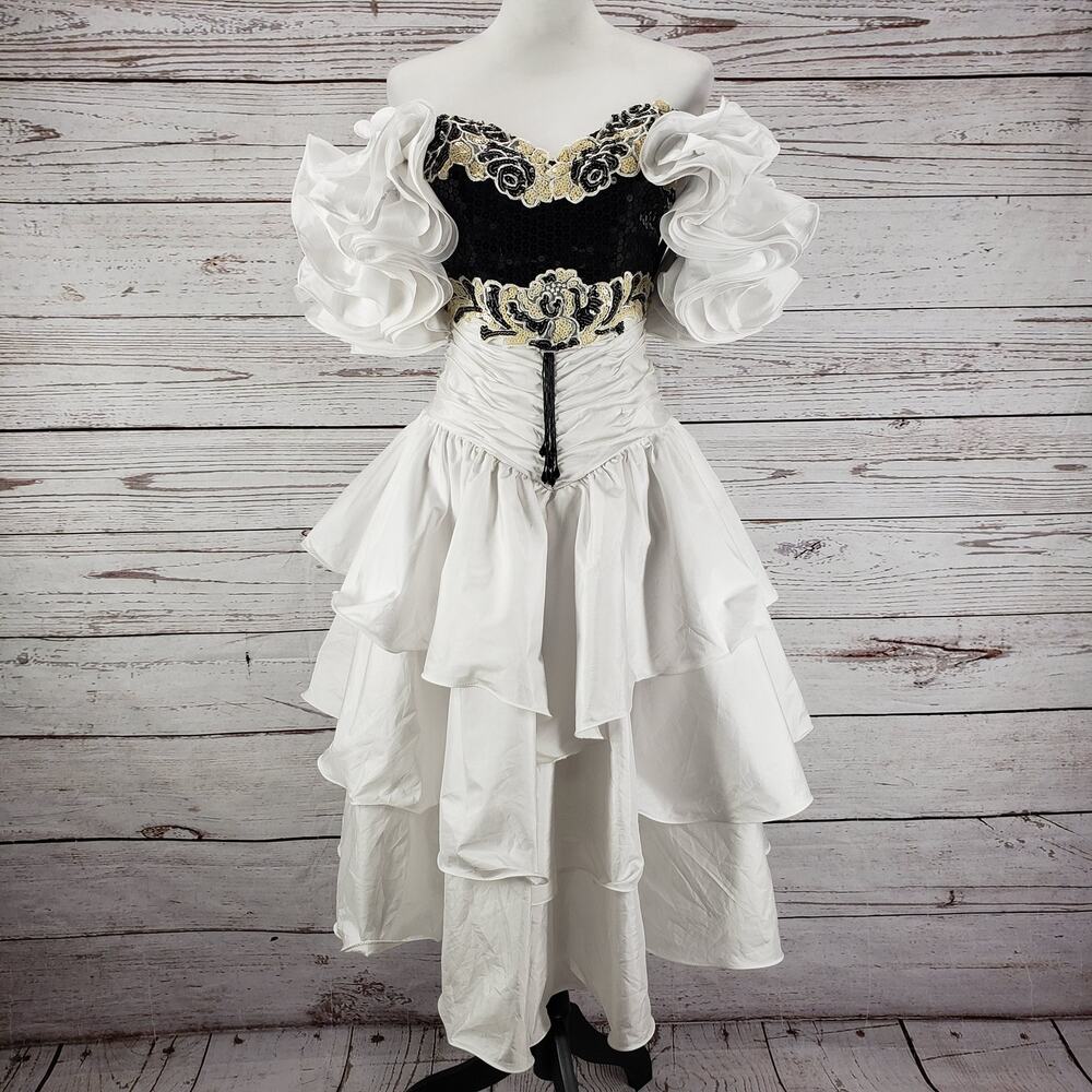 Alyce Designs Vintage Women's Black &White Ruffle Sequins Layered Dress Size 8
